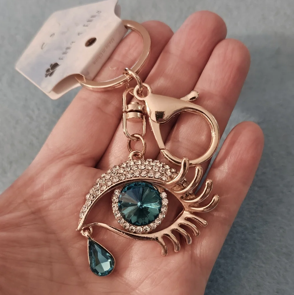 NWT Teal-Blue Faceted Crystal Iris Eye Keychain with Matching  Teardrop Charm